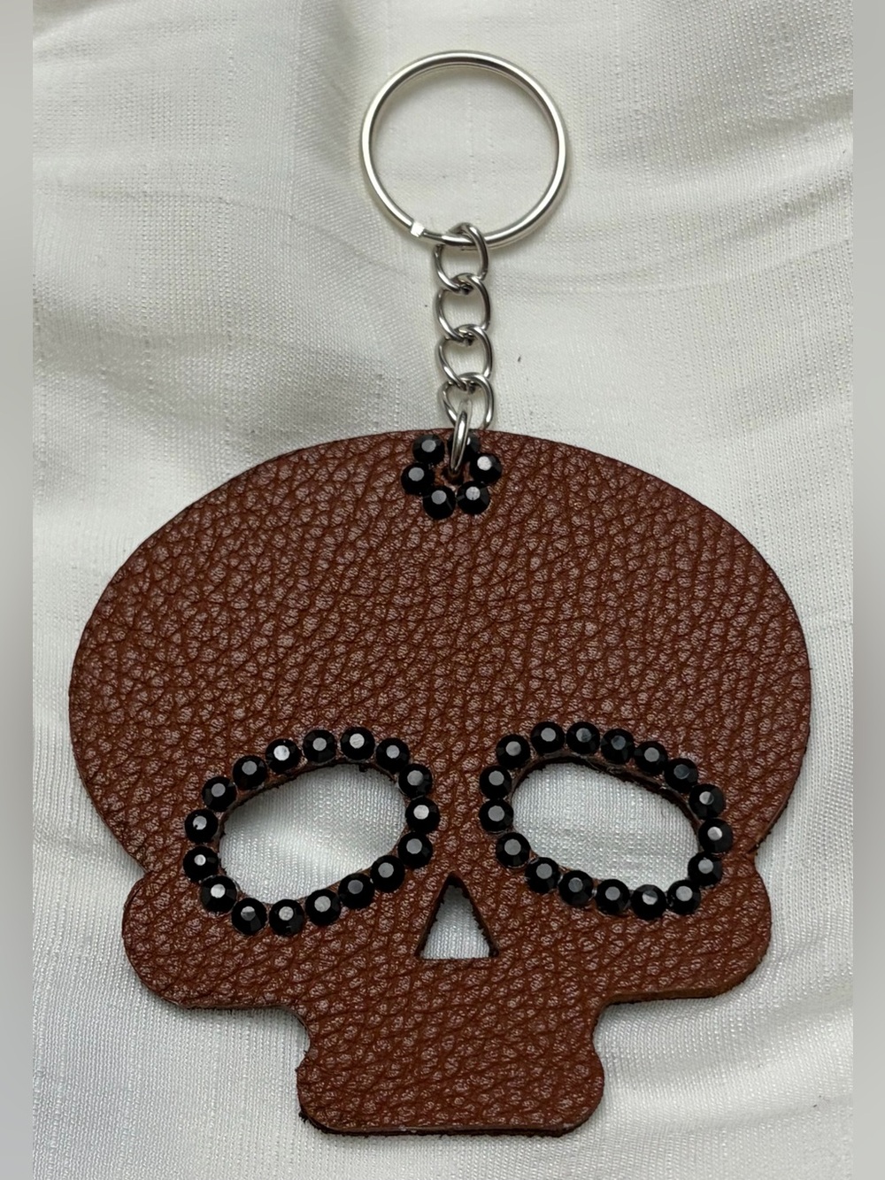 Upcycled COACH Brown Skull Keychain with Black Stud Accents